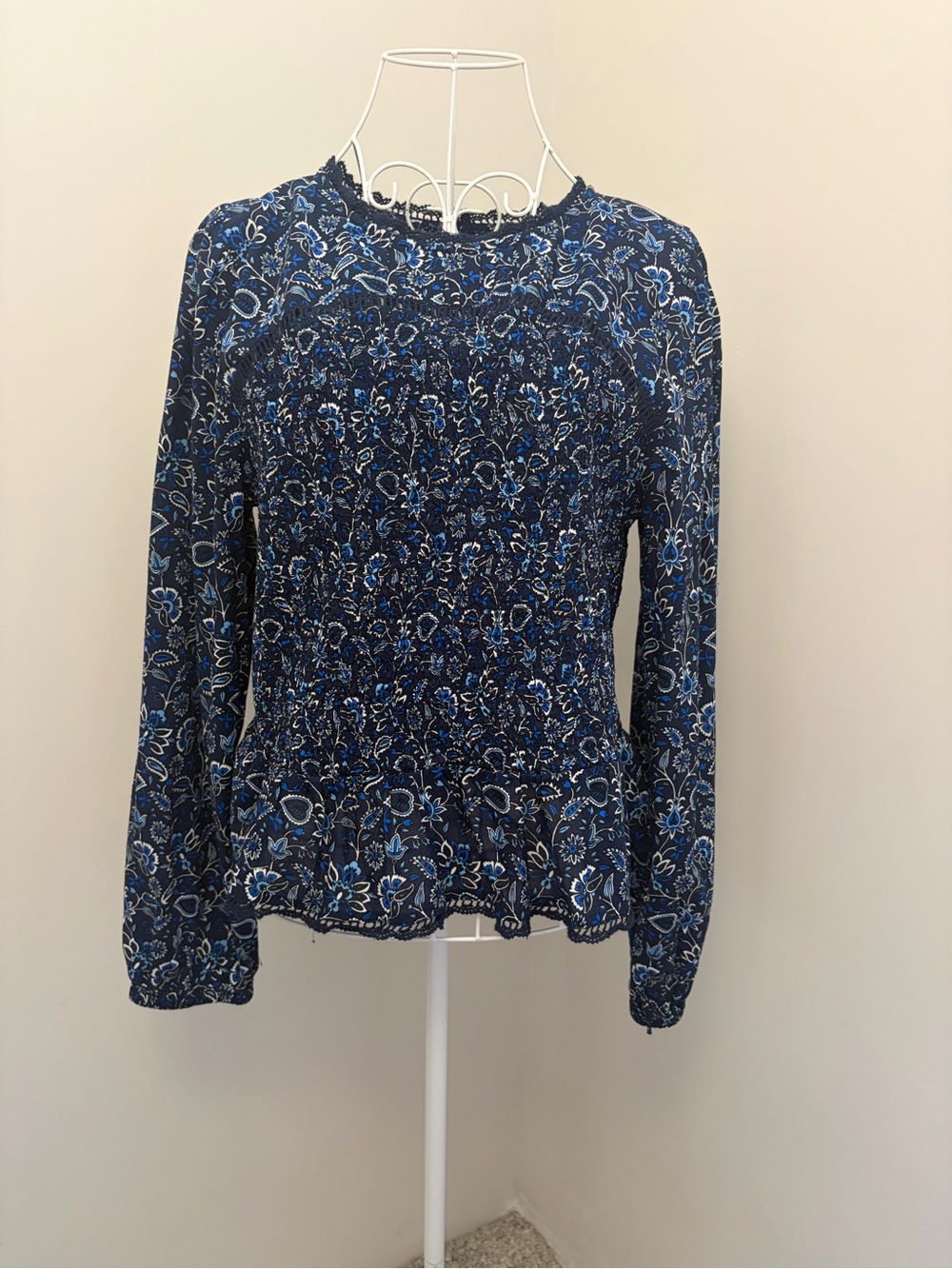LOFT Navy Blue Floral Smocked Peplum Long-Sleeve Blouse